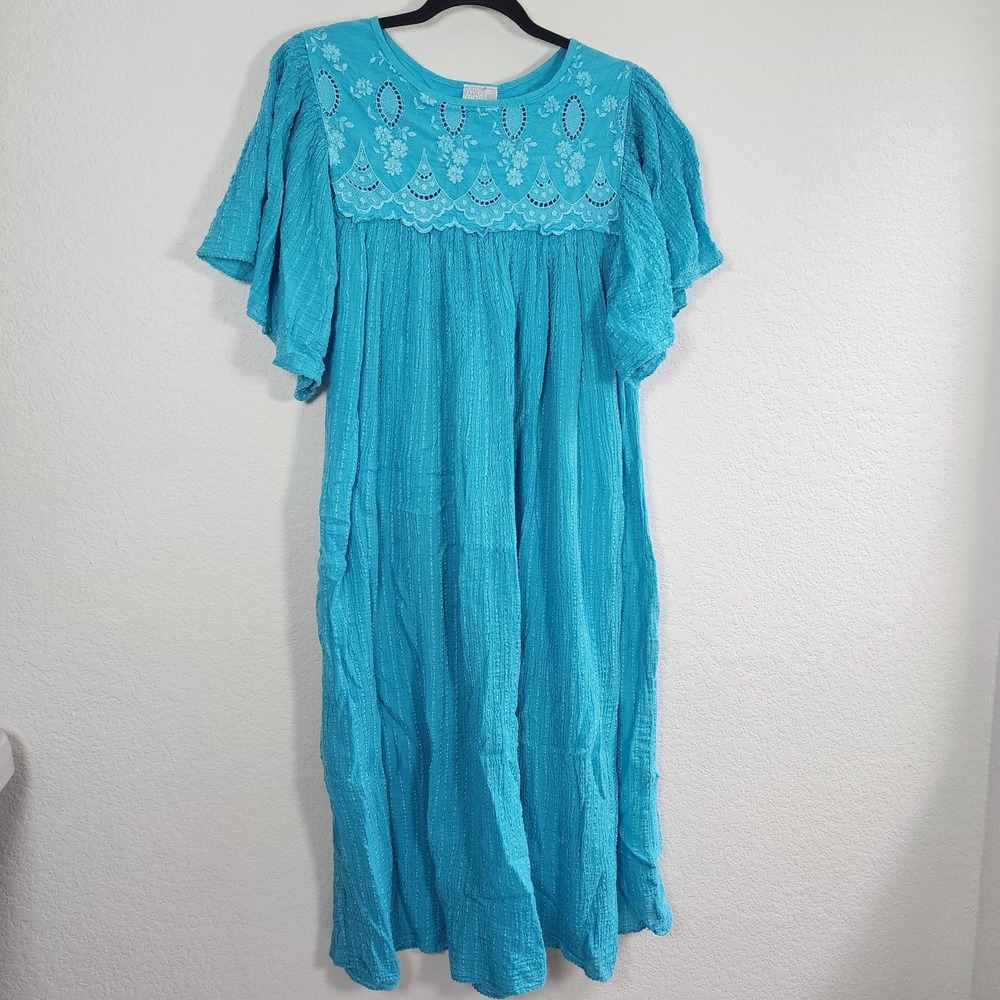 Vintage Claudia Barnes Nightgown Dress Blue Cotton Embroidery One Size